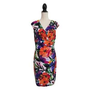 Lauren Ralph Lauren Vibrant Floral Faux-Wrap Ruched Bodycon Dress Size 14P